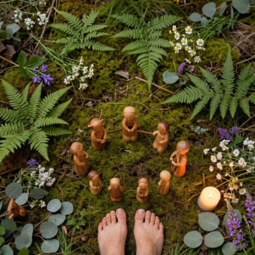 Figurines en bois en cercle avec bougie — constellations familiales et systémiques